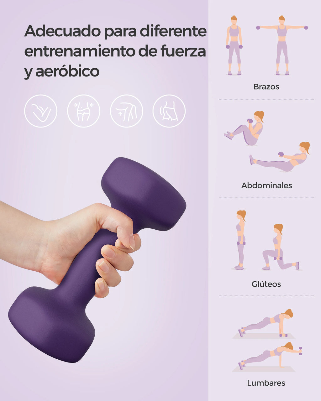 MANCUERNAS DE 2 KG ANTIDESLIZANTES
Pack de mancuernas hexagonales, 2 kg cada una, con recubrimiento de neopreno. Agarre ergonomico ideal para fitness en casa. Material de acero resistente. Disponibles en colores como violeta,