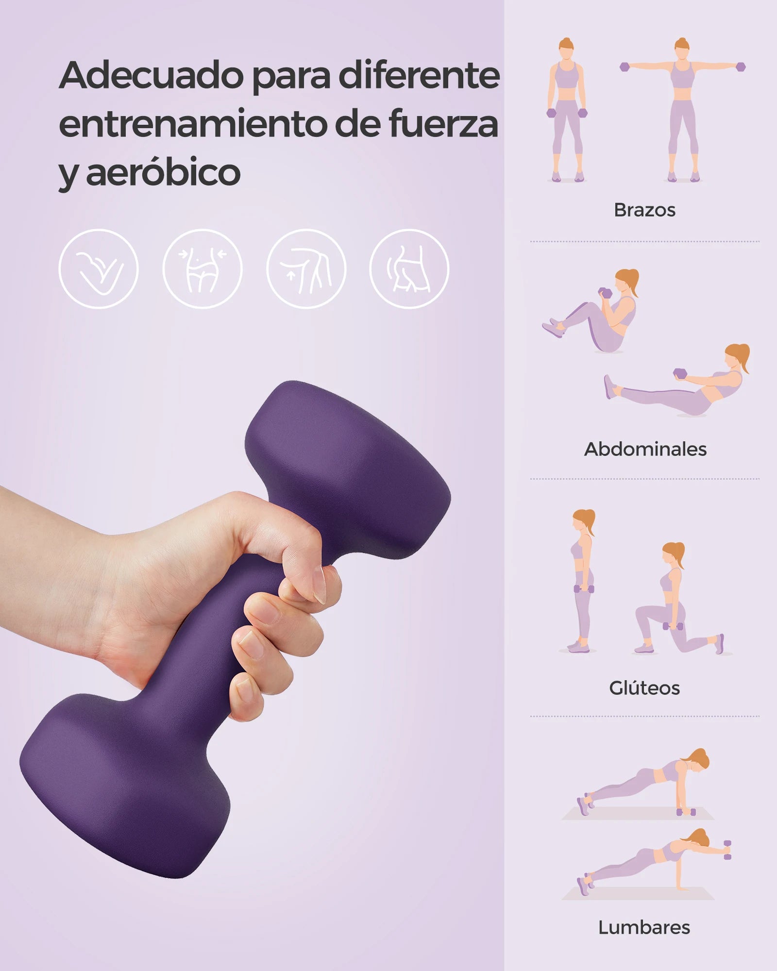 MANCUERNAS DE 2 KG ANTIDESLIZANTES
Pack de mancuernas hexagonales, 2 kg cada una, con recubrimiento de neopreno. Agarre ergonomico ideal para fitness en casa. Material de acero resistente. Disponibles en colores como violeta,
